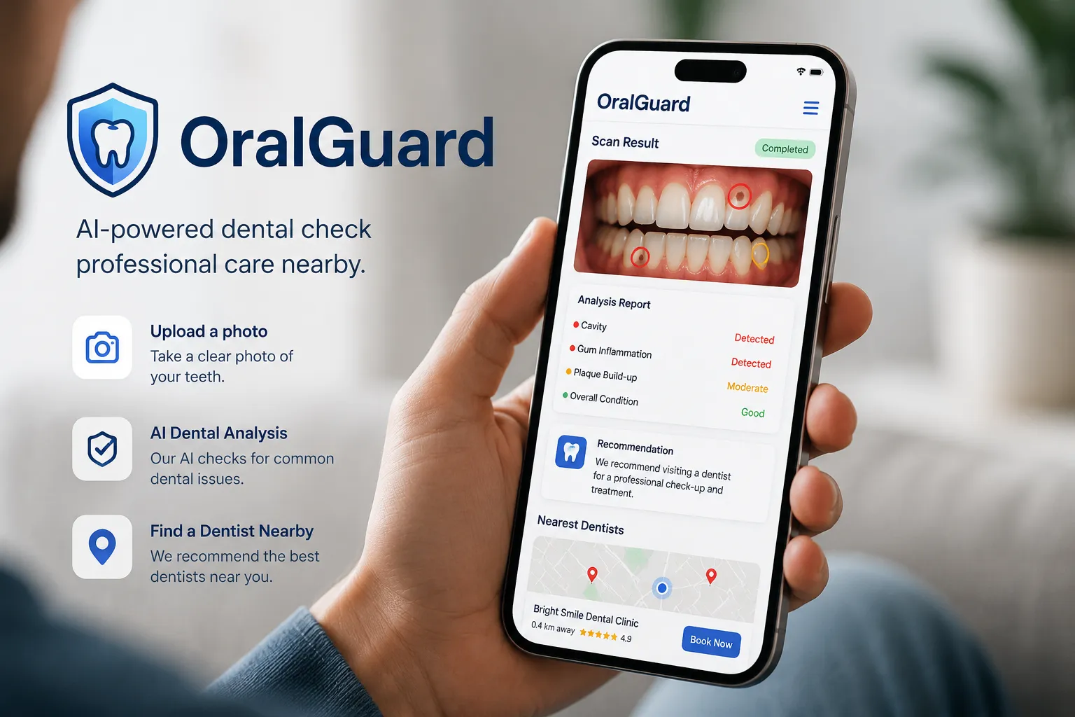 Preview of the OralGuard mobile interface showing an intraoral photo with AI-assisted lesion classification in use on a smartphone.